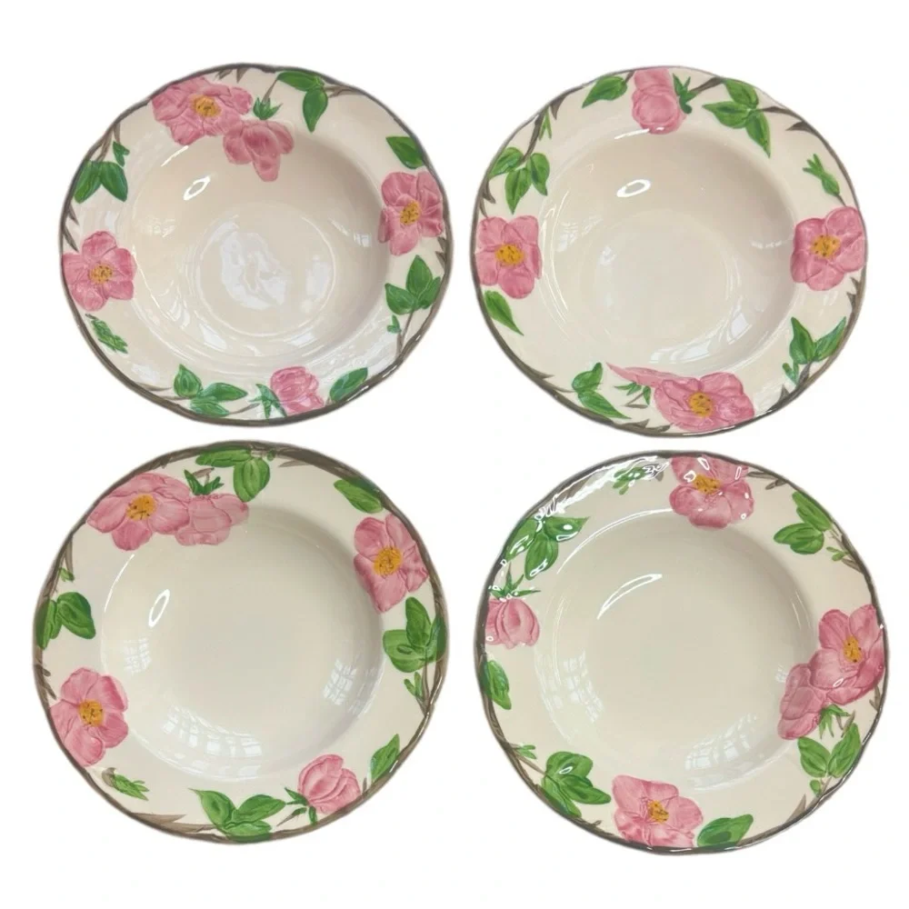 Franciscan Desert Rose 8” Rim Soup Salad Bowl Set 4 Vintage England Cream Pink